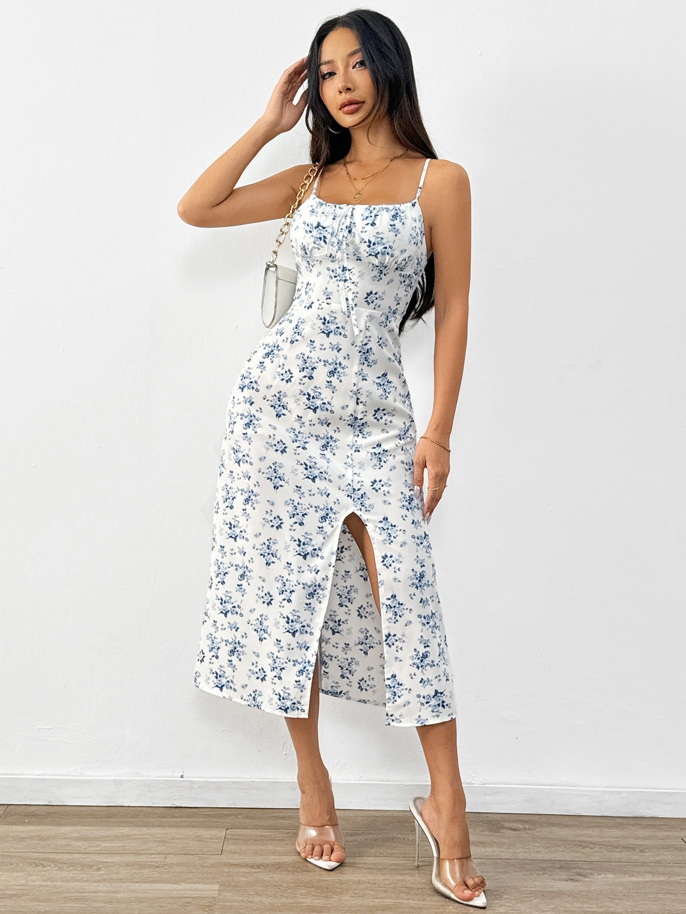 European and American fresh style camisole floral dress, summer new high waisted pullover A-line mid length skirt