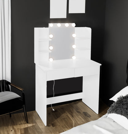 Makeup Vanity Desk With LED Lighted Mirror ,Dressing Table Set With 2 Large Drawers 10 LED Light ,White Color