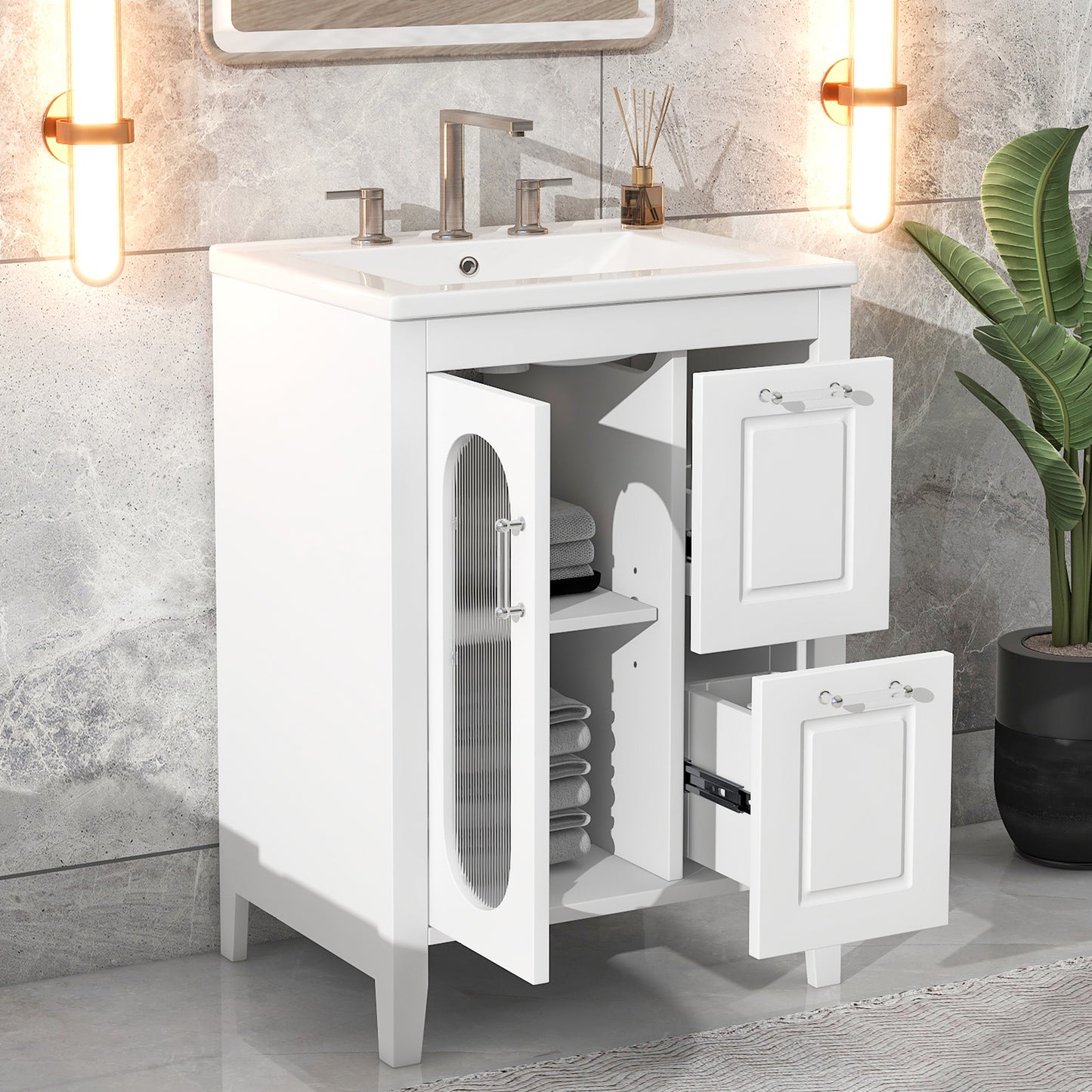 24" Bathroom Vanity with Sink, Bathroom Vanity Cabinet with Two Drawers and Door, Adjustable Shelf, Solid Wood and MDF, White