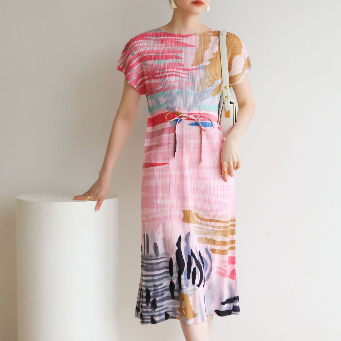 Summer Pleated Ink Print Oversized Loose Skinny Round Neck Mid Length Dress