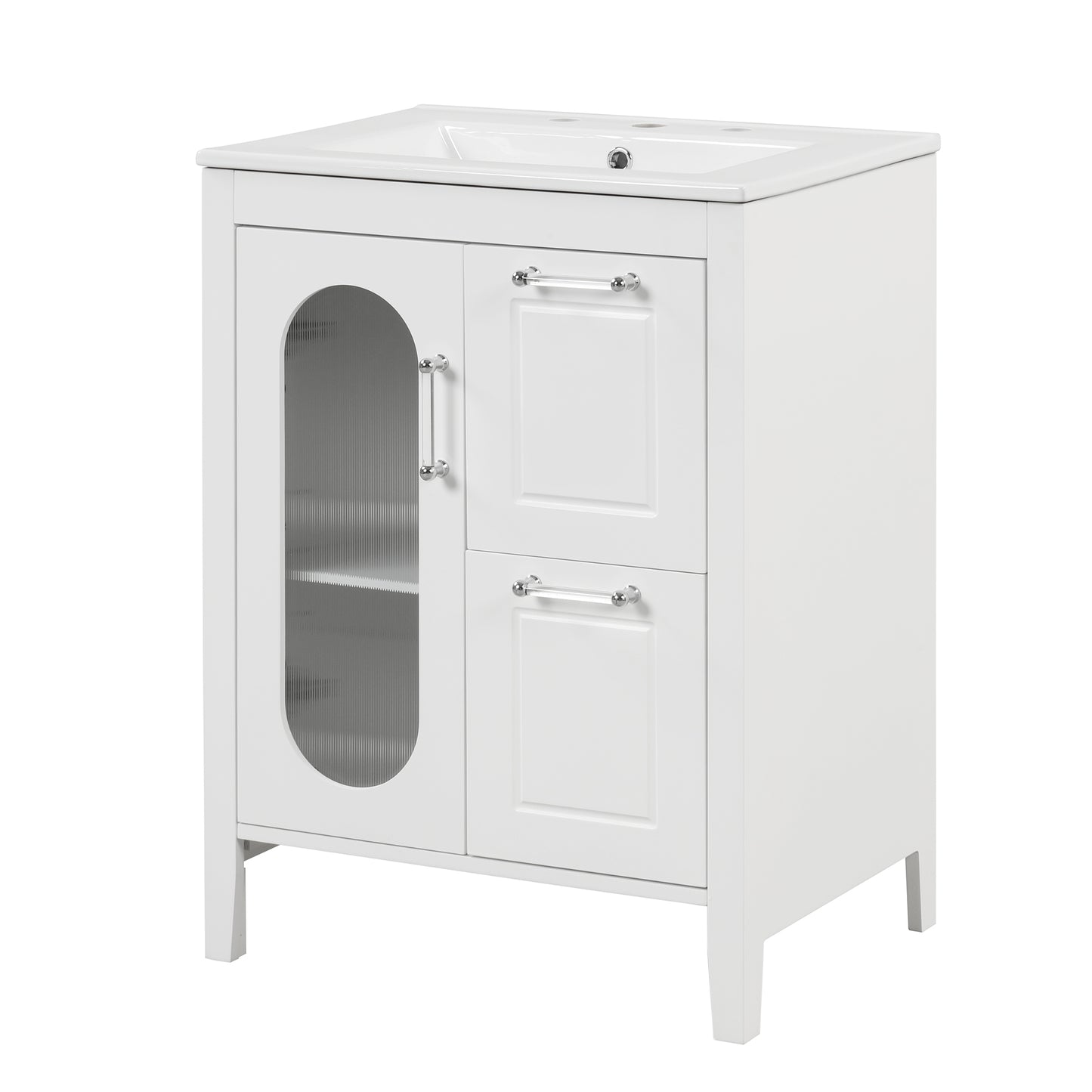 24" Bathroom Vanity with Sink, Bathroom Vanity Cabinet with Two Drawers and Door, Adjustable Shelf, Solid Wood and MDF, White