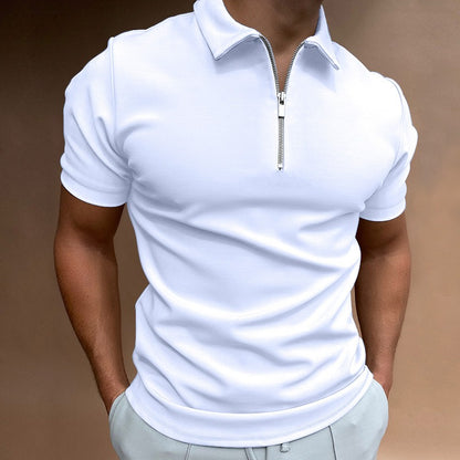 Summer men's thin solid color short sleeved POLO shirt with flip collar zipper slim fit top T-shirt