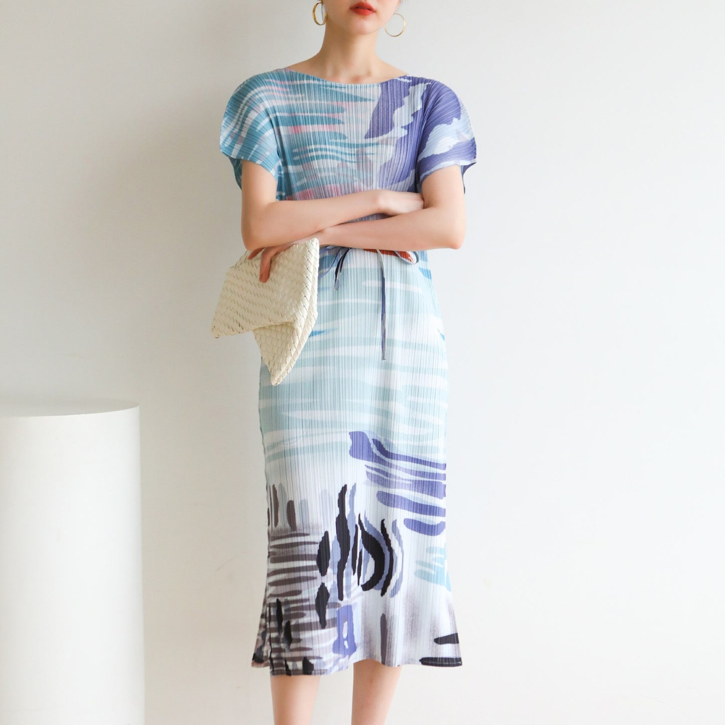 Summer Pleated Ink Print Oversized Loose Skinny Round Neck Mid Length Dress