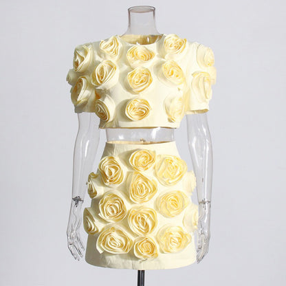 Elegant style splicing three-dimensional flower women's bubble sleeve top+high waisted A-line short skirt set