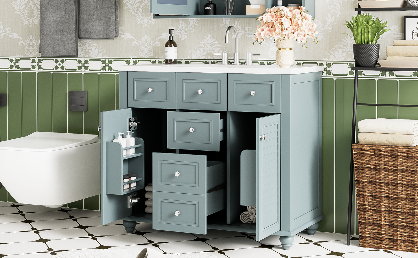 36 "bathroom makeup cabinet with resin sink combination and 2 drawers, with soft closing door, blue color