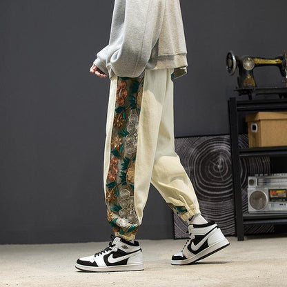 Japanese retro trendy oversized embroidered color blocking casual pants