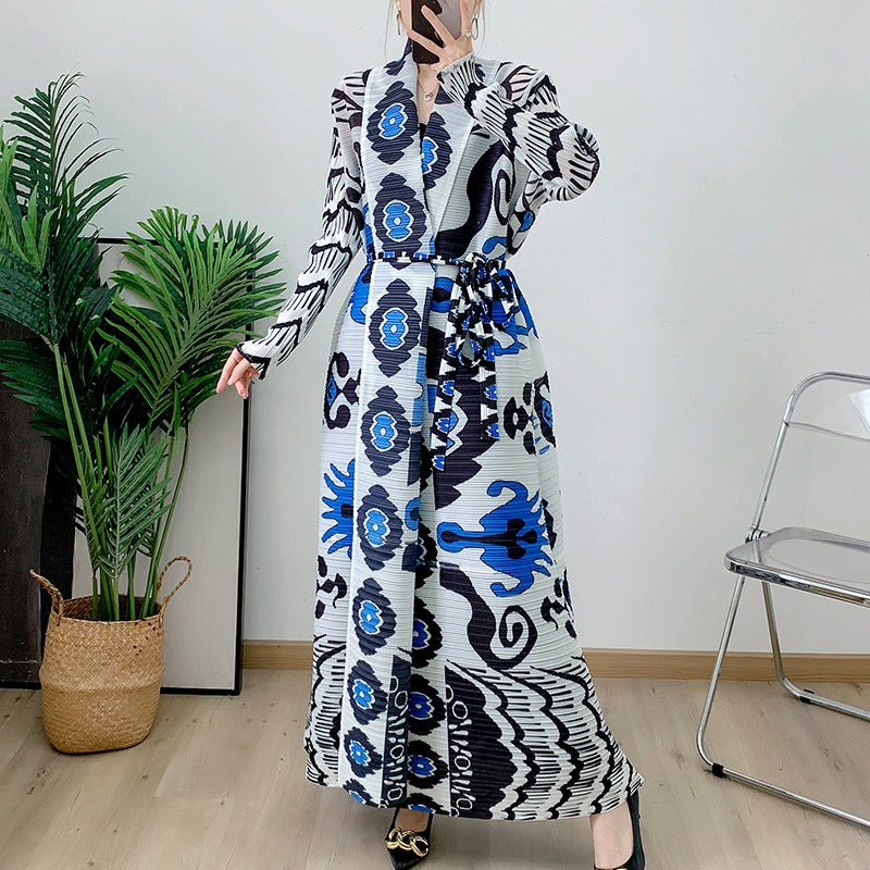 Robe pleated long sleeved coat outerwear cloak printed for women