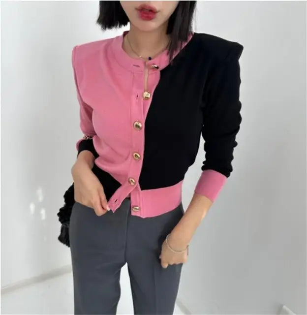 Korean Styllish Chic Cardigan Sweater Women Color-blocked Gold Buttons Workwear Tops Knitwear Long Sleeve Elegant Ladies Jumpers