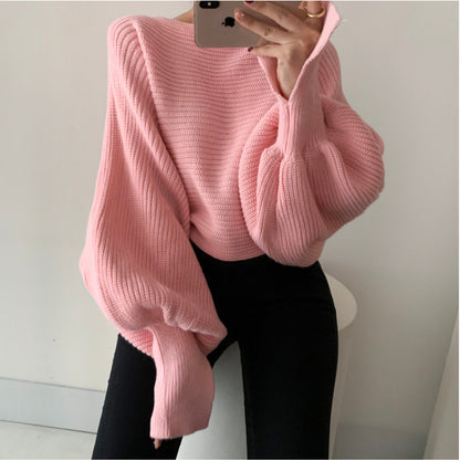 Autumn winter women's fashionable contrast color lantern sleeves slit design one-shoulder sweater high waist loose short knitted sweater