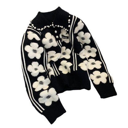 Pearl Beading Floral Knitted Women Sweater Tops   Autumn Winter Vintage Elegant Ladies Pullover Long Sleeve Fashion Jumpers