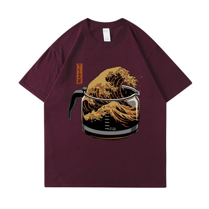 Short sleeved coffee wave print round neck T-shirt top