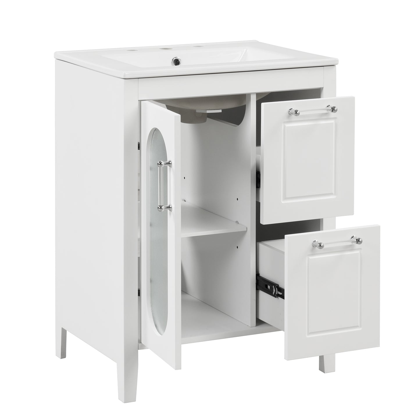 24" Bathroom Vanity with Sink, Bathroom Vanity Cabinet with Two Drawers and Door, Adjustable Shelf, Solid Wood and MDF, White