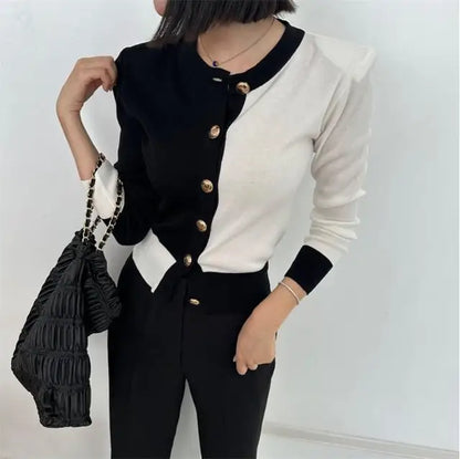 Korean Styllish Chic Cardigan Sweater Women Color-blocked Gold Buttons Workwear Tops Knitwear Long Sleeve Elegant Ladies Jumpers