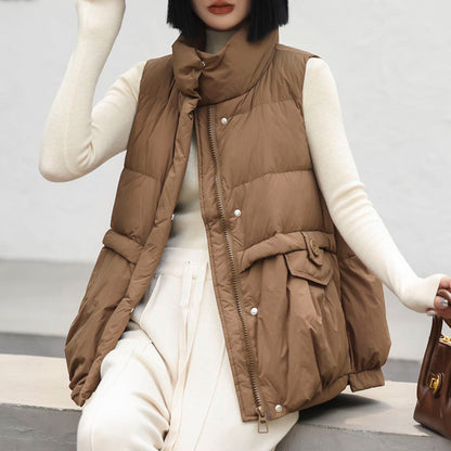 Fashion Stand Collar Sleeveless Solid White Duck Down Waistcoats Warm All-match Vest Women Winter