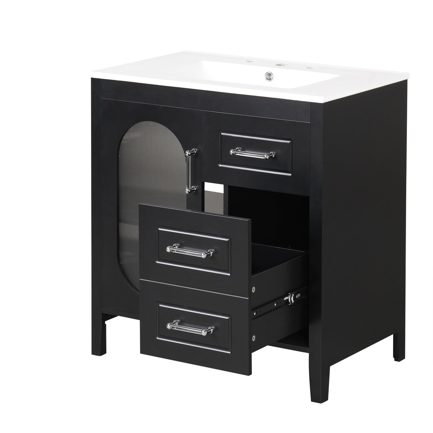 30" Bathroom Vanity with Sink, Bathroom Vanity Cabinet with Two Drawers and Door, Adjustable Shelf, Solid Wood and MDF, Black