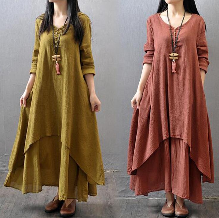 Fake two-piece long skirt, artistic and grand linen dress, loose long sleeved cotton and linen skirt