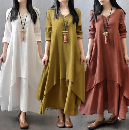 Fake two-piece long skirt, artistic and grand linen dress, loose long sleeved cotton and linen skirt