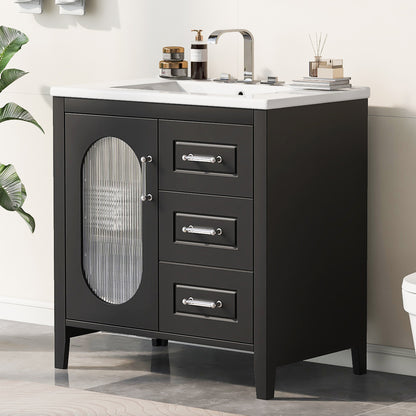 30" Bathroom Vanity with Sink, Bathroom Vanity Cabinet with Two Drawers and Door, Adjustable Shelf, Solid Wood and MDF, Black