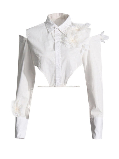 Small Fragrant Style Lapel Off Shoulder Short Shirt Spliced Flower Lace up Design Shirt Top for Women