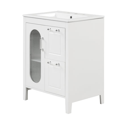 24" Bathroom Vanity with Sink, Bathroom Vanity Cabinet with Two Drawers and Door, Adjustable Shelf, Solid Wood and MDF, White