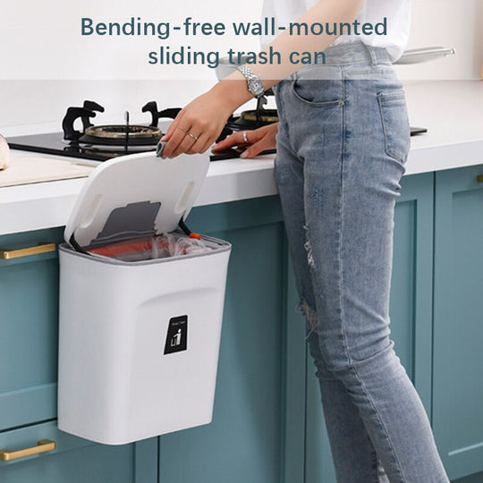 Kitchen Sliding Cover Trash Can Wall-Mounted Storage Bucket