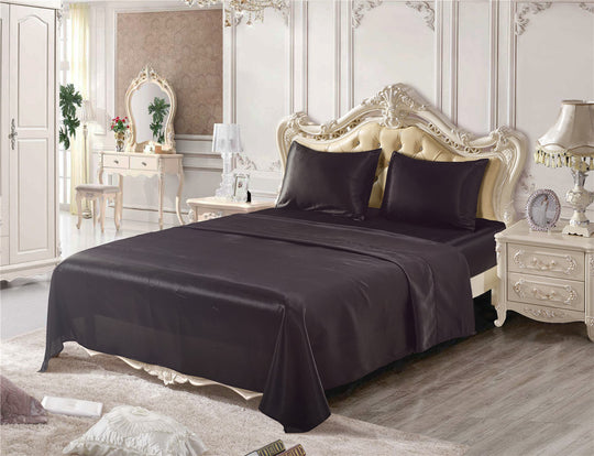 Solid Color Bedding Satin Silk Flat Fitted Sheet With Pillowcases Set