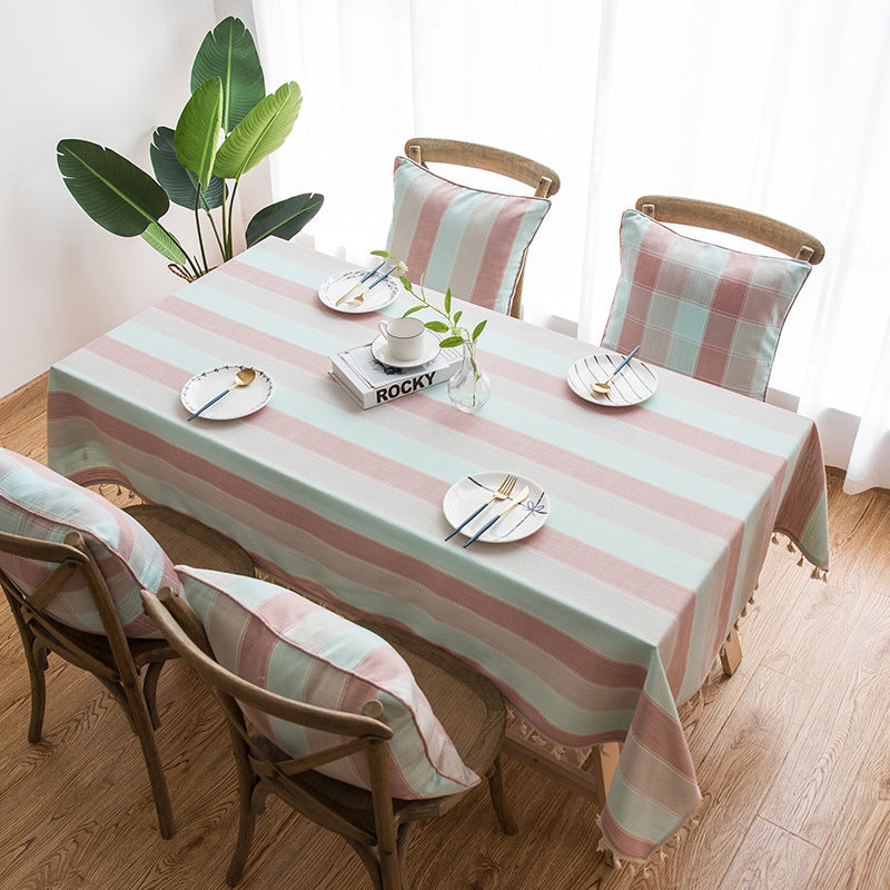 Stripe Kitchen Table Cover Rectangular Tablecloth With Tassel