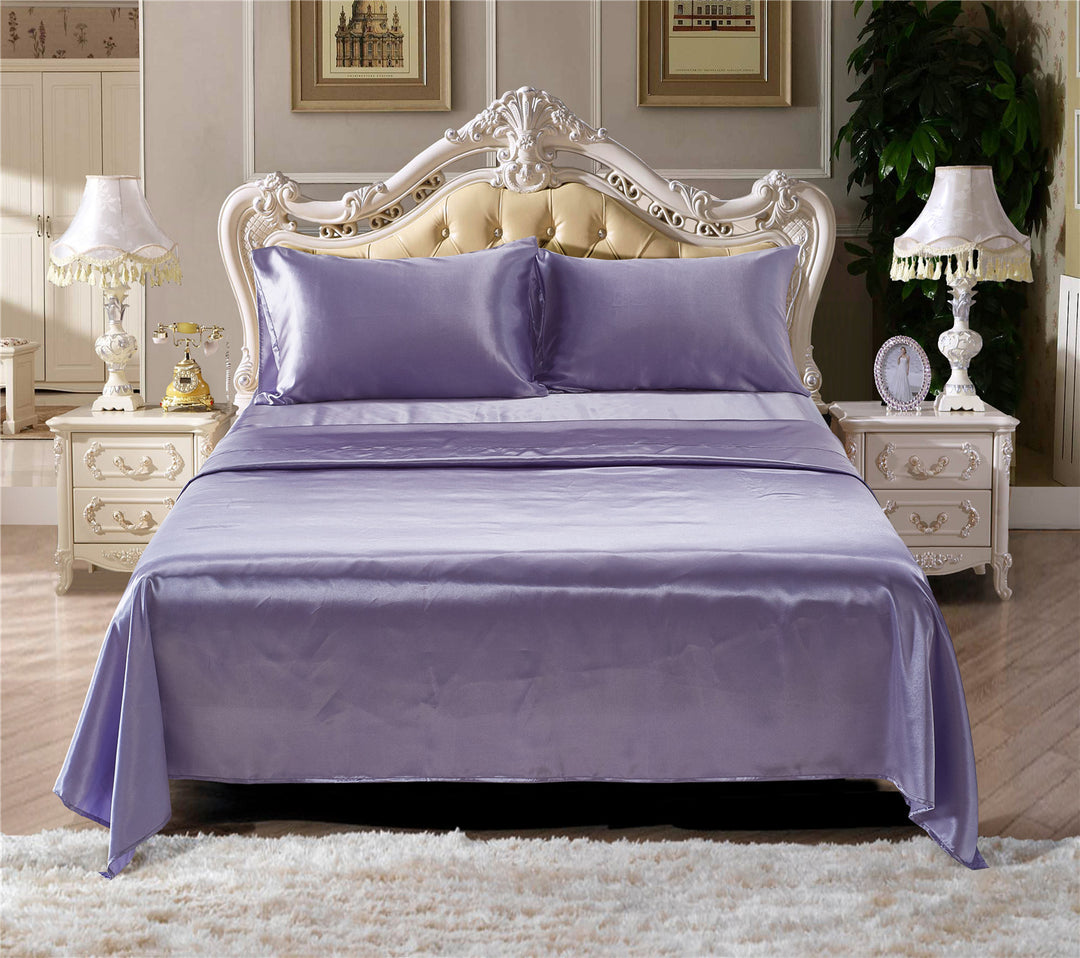 Solid Color Bedding Satin Silk Flat Fitted Sheet With Pillowcases Set