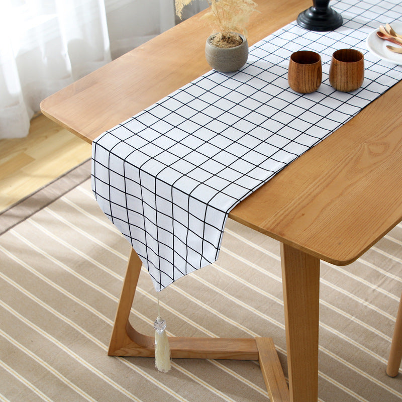 Modern White Plaid Printed Long Table Runner