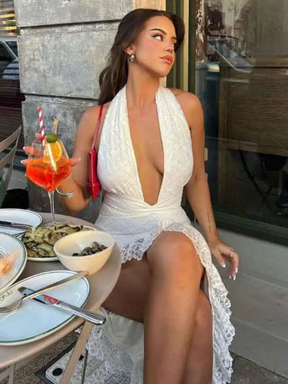 NIDANSSI White Halter Ruffle Evening Party Dress Women 2024 Robes Elegant Sexy Dress Bodycon Midi Long Summer Dress Vestidos