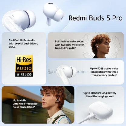 [World Premiere] Global Version Xiaomi Redmi Buds 5 Pro Up to 52dB Active Noise Cancellation 38 Hours Long Battery