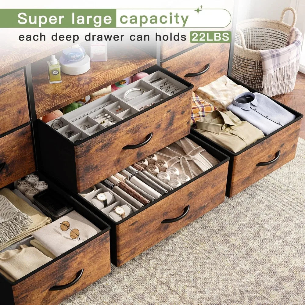 TV Stand, Power Outlet Entertainment Center with 8 Fabric Deep Drawers Media Console Table for TV Wide Storage Drawer Dresser