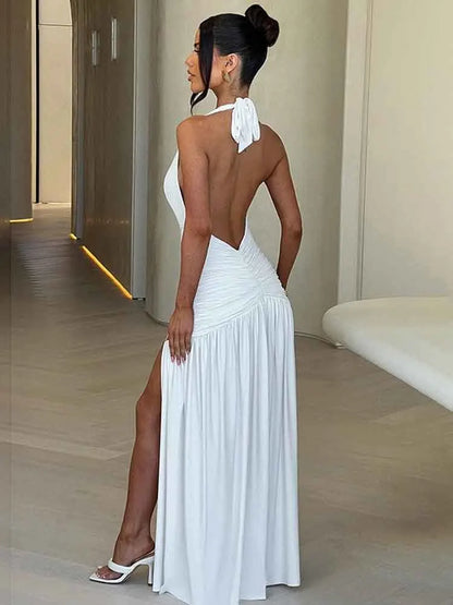 NIDANSSI White Deep V Evening Party Dress Women 2024 Pleated Backless Elegant Sexy Dress Bodycon Maxi Long Summer Dress Vestidos