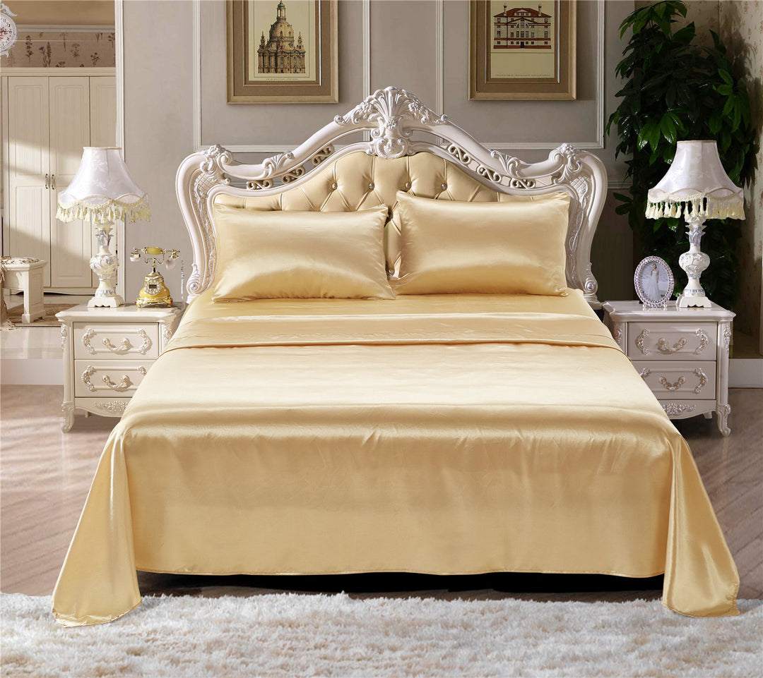 Solid Color Bedding Satin Silk Flat Fitted Sheet With Pillowcases Set