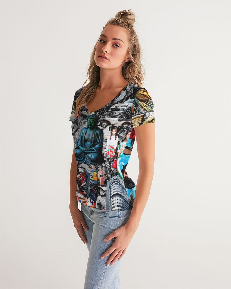 Trendy Abstrak Pattern Women's All-Over Print V-Neck Tee