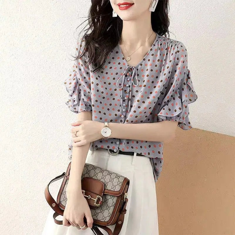 Elegant Fashion Ruffles Lace Up Chiffon Blouses Woman 2022 Summer New Office Lady Commute V-Neck Butterfly Sleeve Button Shirts