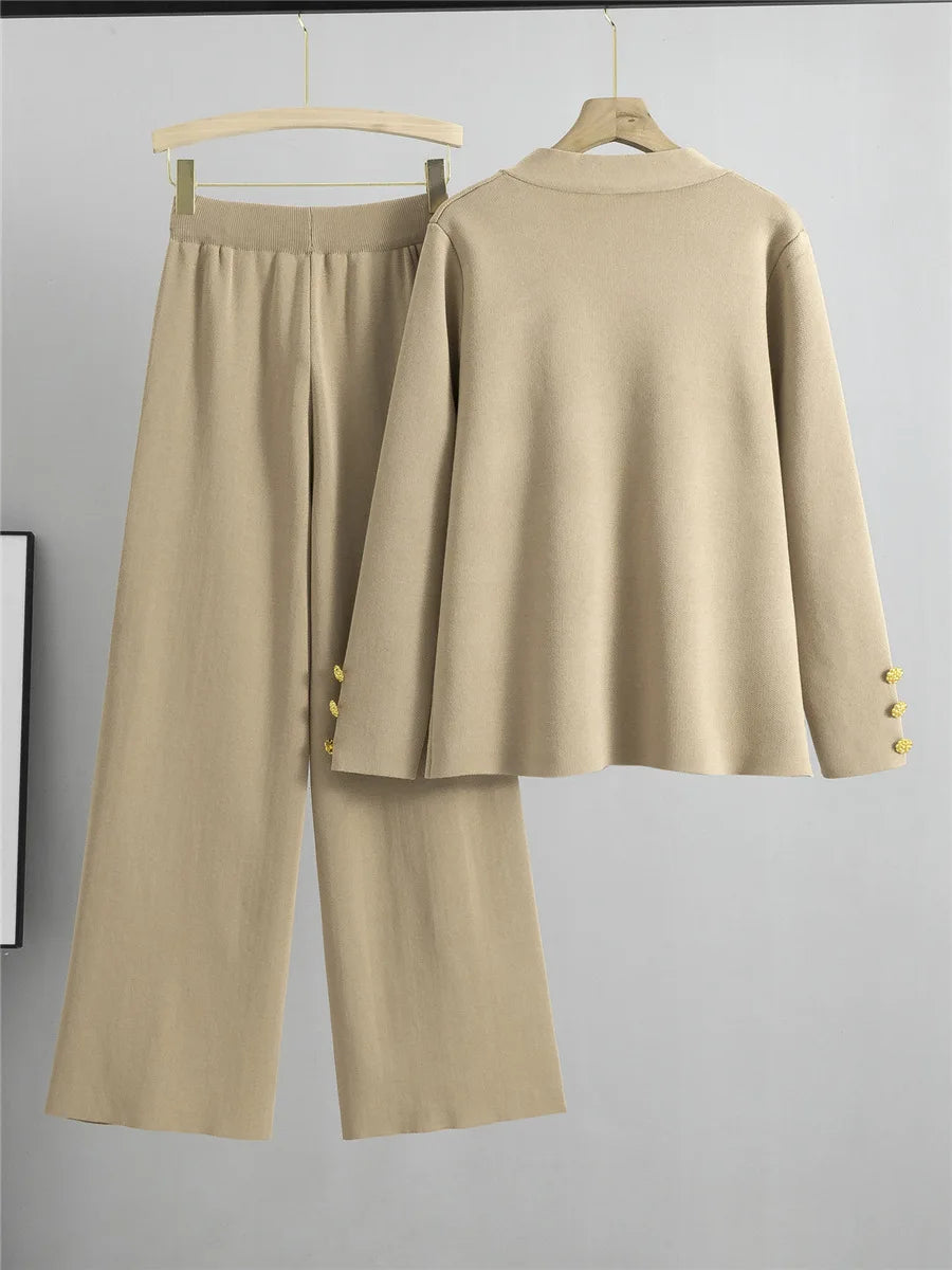 Fall Winter Women's Knit Sweater Sets New Large Gold Button V-neck Cardigan Coats Conjunto High Waist Baggy Wide Leg Pants Suits