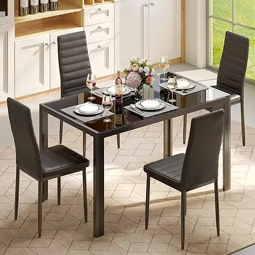 5 Piece Glass Dining Table Set, Kitchen & 4 Person Chair, PU Leather Modern Room Set, For Family, Kitchen, Living Room