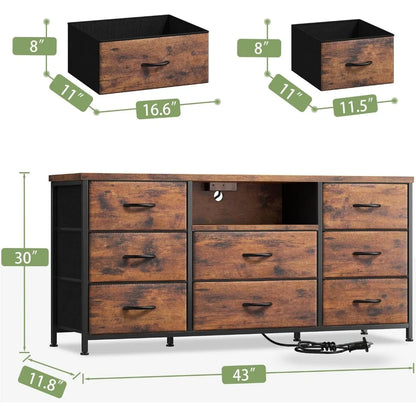 TV Stand, Power Outlet Entertainment Center with 8 Fabric Deep Drawers Media Console Table for TV Wide Storage Drawer Dresser