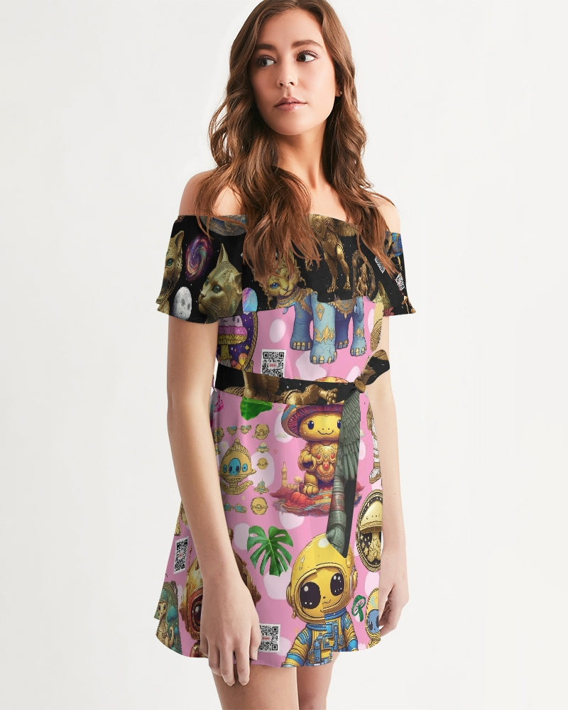 Alien Trendy Abstrak Collection Women's All-Over Print Off-Shoulder Dress