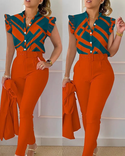 Womens Elegant Slim Two-Piece Sets Summer Fashion Print V Neck Button Flying Sleeve Shirt Top & Solid Long Pants Suits With Belt