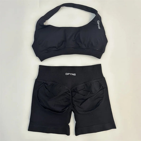 Dfyne Impact Shorts Set Seamless Yoga Set Workout Scrunch Shorts Sets Halter Sports Bra Scrunch Shorts Fitness Clothes Gym Suit