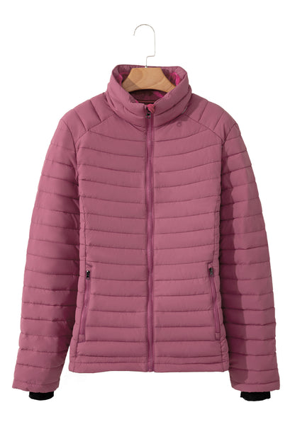 Burgundy Solid Color Quilted Zip-up Puffer Jacket