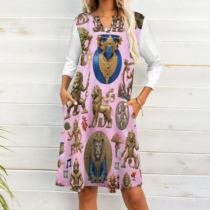 V-neck 3/4 Sleeve Dress with Pockets (All-Over Printing)