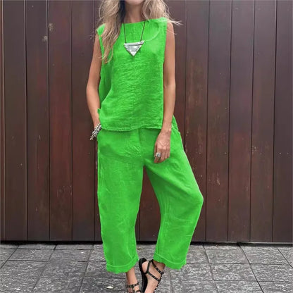 Spring Summer New Solid Color Sleeveless Cotton And Linen Women's Suit Simple Fashion Pocket Casual Long Pants Female 2piece Set