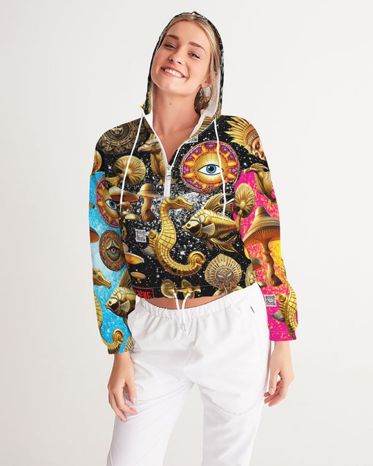 Eye and Face Abstrak Women's All-Over Print Cropped Windbreaker