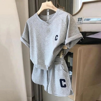 Casual Waffle Fashion Suit Women Summer 2023 Oversize Korean Short-sleeved T-shirt + Shorts Letter Embroidery 2pcs Sets