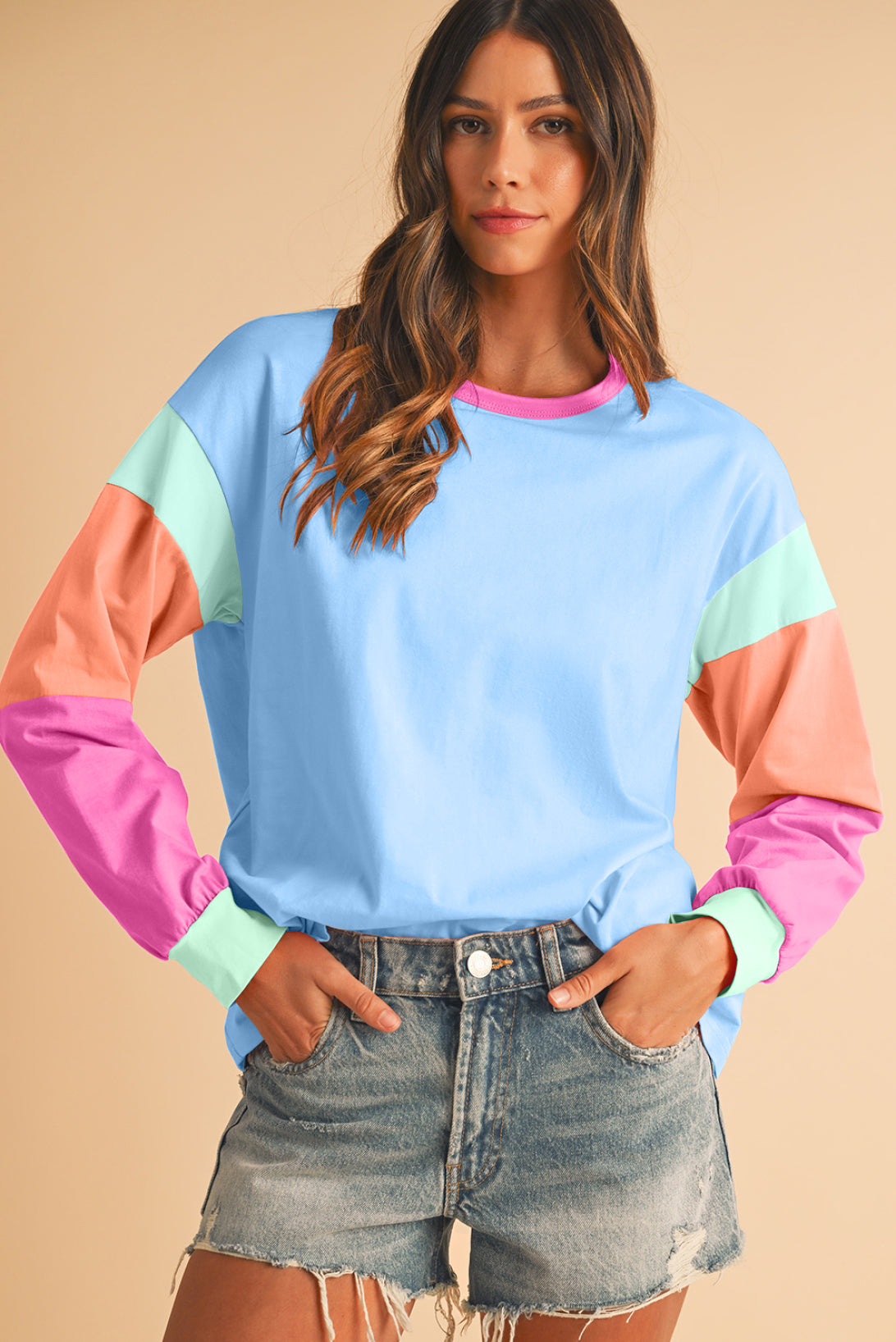 Light Blue Color Block Sleeve Loose Fit Top