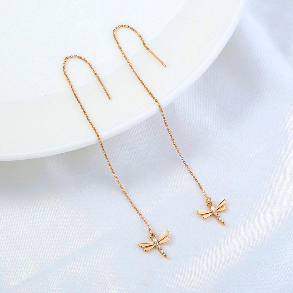 Gold Copper Dragonfly Micro-Set Zircon Long Tassel Ear Wire