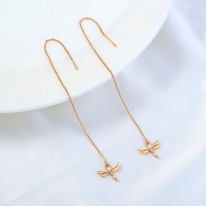 Gold Copper Dragonfly Micro-Set Zircon Long Tassel Ear Wire